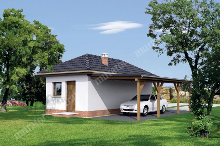Проект дома Гараж с хозяйственным помещением и гаражным навесом ГЦ49б вид со стороны