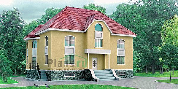 Проект дома Кирпичный двухэтажный дом с цокольным этажом 32-49 Визуализация фасада