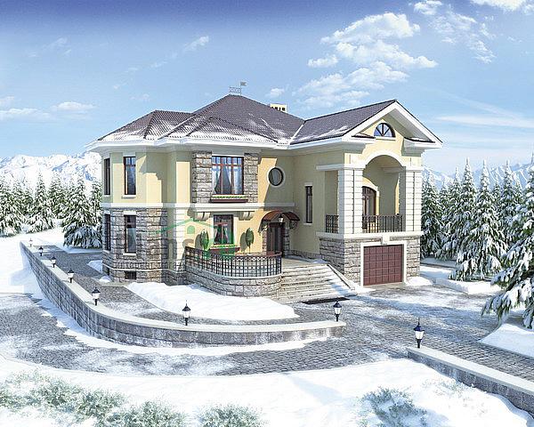 Проект дома Кирпичный двухэтажный дом с цоколем 35-36 Визуализация фасада