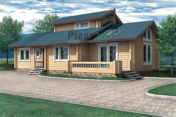 Проект дома Деревянный коттедж с мансардой и цоколем 10-48 Визуализация фасада