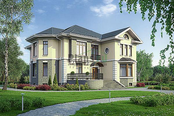 Проект дома Кирпичный двухэтажный коттедж с цоколем 40-11 Визуализация фасада