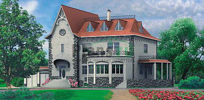 Проект дома Бетонный двухэтажный дом с мансардой и цокольным этажом 50-74 Визуализация фасада