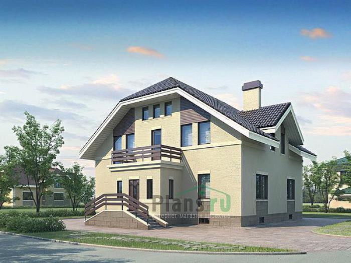 Проект дома Бетонный двухэтажный коттедж на цоколе 52-38 Визуализация фасада