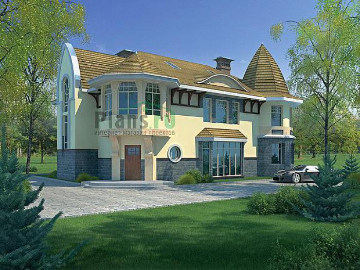 Проект дома Кирпичный дом в 2 полных этажа с мансардой 34-47 Визуализация фасада