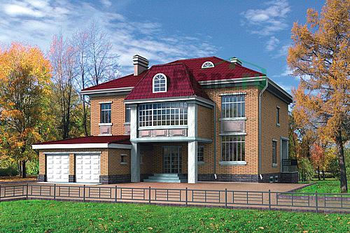 Проект дома Кирпичный двухэтажный коттедж на цоколе 32-22 Визуализация фасада