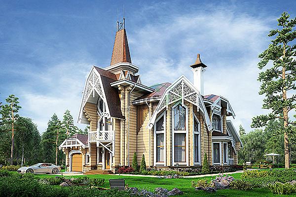 Проект дома Деревянный двухэтажный коттедж с мансардой 12-64 Визуализация фасада