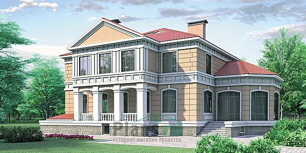 Проект дома Кирпичный двухэтажный коттедж на цоколе 35-26 Визуализация фасада