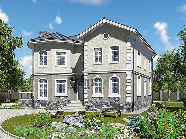 Проект дома Кирпичный двухэтажный дом с цокольным этажом 42-35 Визуализация фасада