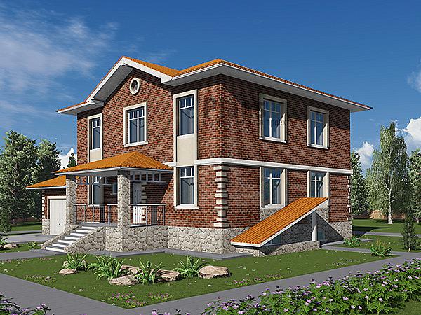Проект дома Кирпичный двухэтажный коттедж с подвалом 41-50 Визуализация фасада