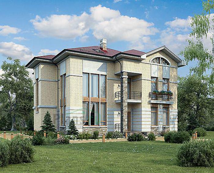 Проект дома Кирпичный двухэтажный дом с мансардой и цокольным этажом 39-71 Визуализация фасада