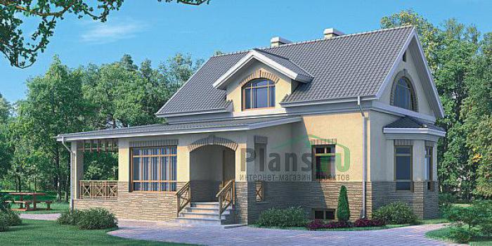 Проект дома Кирпичный дом с мансардой и цоколем 33-98 Визуализация фасада