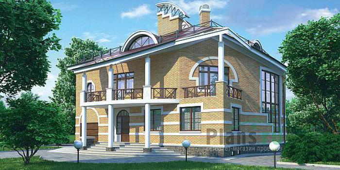 Проект дома Кирпичный двухэтажный коттедж с мансардой и цоколем 36-12 Визуализация фасада