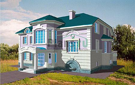 Проект дома Кирпичный двухэтажный дом с цокольным этажом 34-11 Визуализация фасада