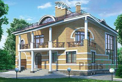 Проект дома Кирпичный двухэтажный коттедж с мансардой и цоколем 36-12