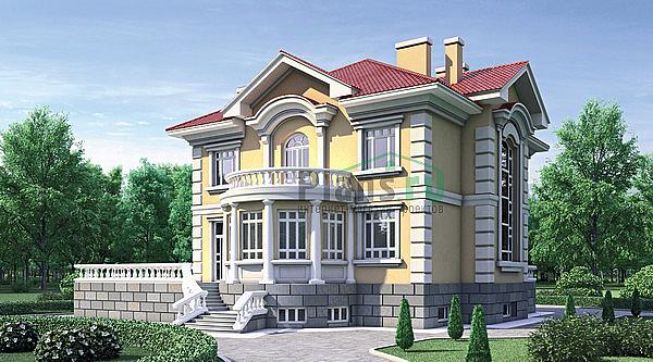 Проект дома Кирпичный дом в 2 этажа с цоколем 35-27 Визуализация фасада