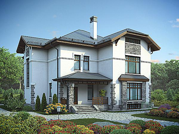 Проект дома Кирпичный двухэтажный дом с подвалом 42-02 Визуализация фасада