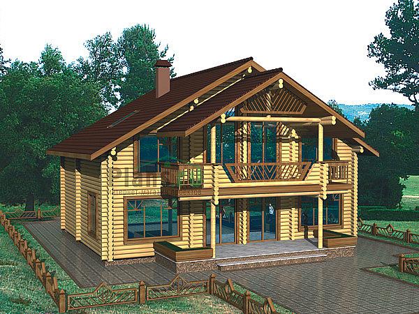 Проект дома Деревянный коттедж в один этаж с жилой мансардой 10-99 Визуализация фасада