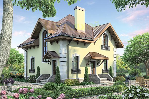 Проект дома Кирпичный дом с мансардой 72-65 Визуализация фасада